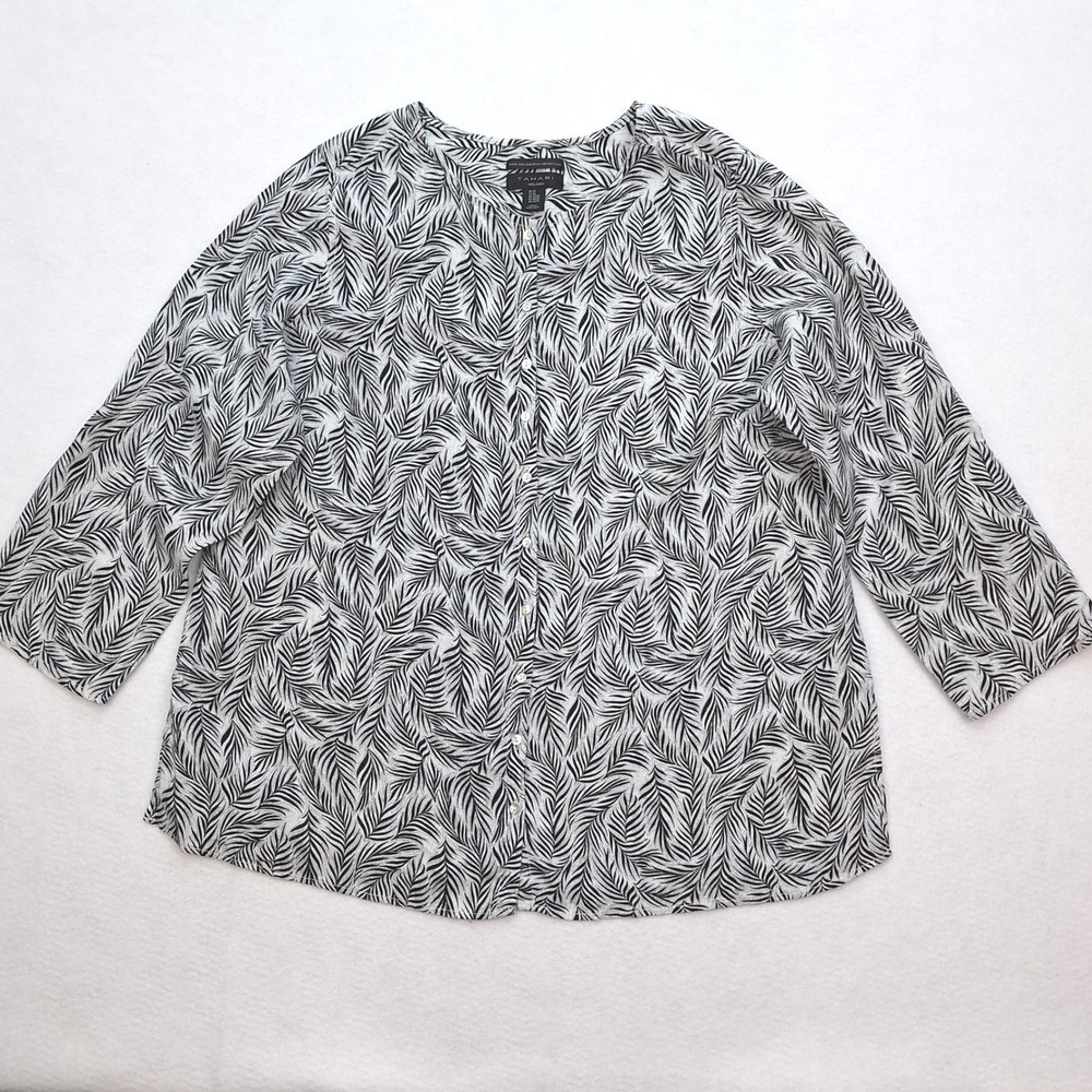 Tahari Top Womens 2X Black Palm Leaf Botanical 100% Linen Tunic European Flax - Picture 1 of 8